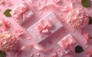 AI generated Looking down, one sees gifts wrapped with care, decorated with pink hydrangea flowers and a sprinkling of petals photo