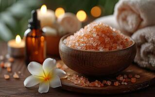 ai generado un armonioso spa cuadro con rosado himalaya sal, puro esencial aceites, frangipani flores, y sereno velas foto