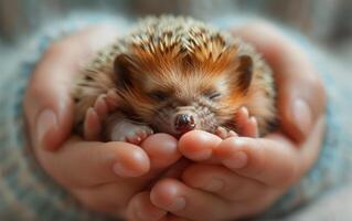 AI generated Newborn Hedgehog in Gentle Hands photo