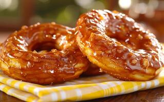 AI generated Close up of caramel drizzle atop golden brown pretzels photo