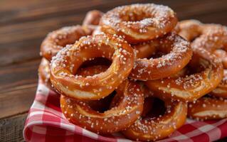 ai generado un pila de dorado marrón pretzels, generosamente rociado con blanco azúcar cristales foto