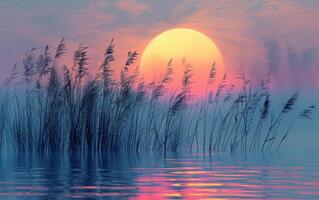 AI generated A serene sunset bathed in pastel hues forms the perfect backdrop for the delicate dance of reeds swaying in a gentle breeze photo