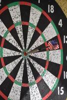 Targeted Dart in the Center Bullseye of a Board photo