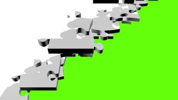 Puzzle with white pieces being assembled on a green surface until the screen is covered in white. 3D Animation video