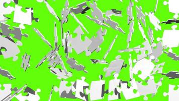 Puzzle with white pieces exploding against green background. 3D Animation video