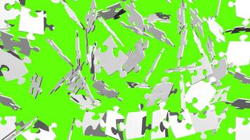 Puzzle with white pieces exploding against green background. 3D Animation video