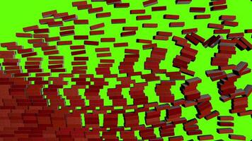 Red brick wall disintegrating as bricks float to the right against green background. 3D Animation video