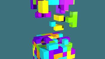 sans cesse chute une part cube puzzle contre foncé vert Contexte. boucle séquence. 3d animation video