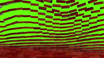 Red brick wall disintegrating as bricks float upwards against green background. 3D Animation video