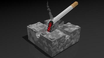 Cigarette burning on an ashtray on a dark surface in pixel style. 3D Animation video