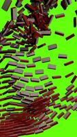 Vertical red brick wall disintegrating as bricks float upwards against green background. 3D Animation video