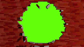 rot Backstein Mauer explodiert und Blätter ein runden Loch im das Mitte gegen Grün Hintergrund. 3d Animation video