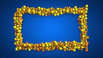 quadrado azul quadro, Armação transformando para dentro uma quadro, Armação fez do amarelo e laranja esferas contra Sombrio azul fundo. 3d animação video