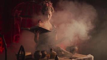 a woman wizard in a black dress is making potions video