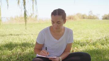 un' donna seduta nel il erba scrittura su sua taccuino video