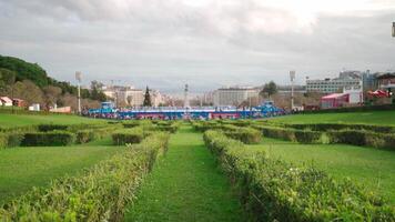 ein grasig Matze Garten in der Nähe von ein Festival Tagungsort video