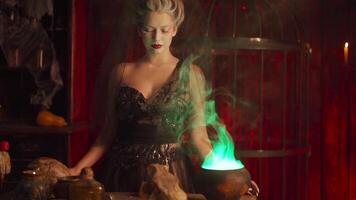 a woman wizard in a black dress is making potions video