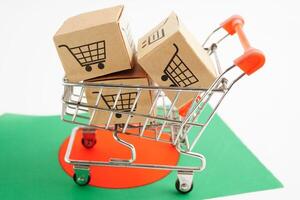 Online shopping, Shopping cart box on Bangladesh flag, import export, finance commerce. photo