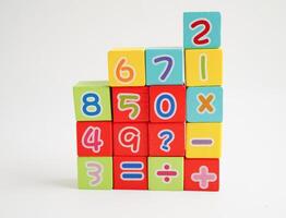 Number wood block cubes for learning Mathematic, education math concept. photo