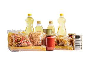 Foodstuffs in donation box isolated on white background with clipping path for volunteer to help people. photo