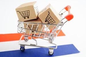 Online shopping, Shopping cart box on Netherlands flag, import export, finance commerce. photo