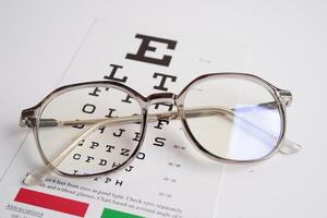 Glasses on eye exam chart to test eyesight accuracy of reading. photo