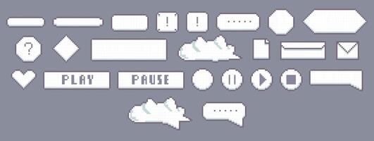 Pixel Art Speech Boxes, Dialogue Boxes Assets for retro Games, speech bubbles messages and quote frames vector set, White and grey set