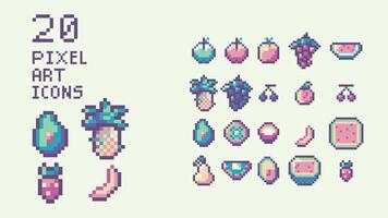 Pixel art Fruits vector game design icon video game interface set. Isolated retro arcade game design. 20 fruits isolated icons design