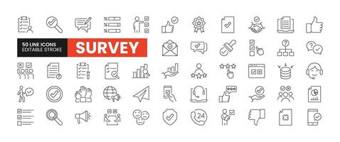 Set of 50 Survey line icons set. Survey outline icons with editable stroke collection. Includes Vote, Review, Feedback, Poll, Research, and More. vector