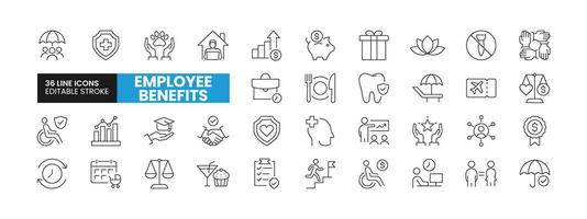 Set of 36 Employee Benefits line icons set. Employee Benefits outline icons with editable stroke collection. Includes Pay Raise, Health Insurance, Teamwork, Paid Vacation, Gender Equality, and More. vector