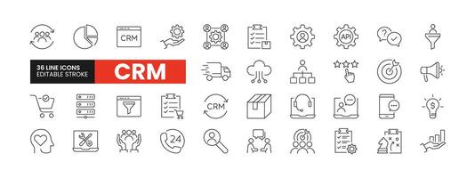 Set of 36 Customer Relationship Management line icons set. CRM outline icons with editable stroke collection. Includes Data Analysis, Support, Cloud CRM, Strategy, Customer Relationship, and More. vector