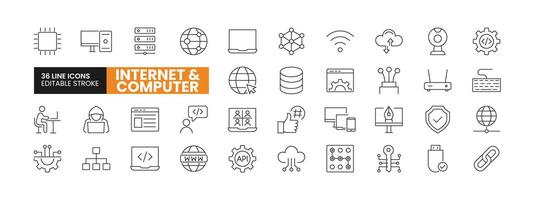 Set of 36 Internet and Computer line icons set. Internet and Computer outline icons with editable stroke collection. Includes Computer, Website, WiFi, Cloud Computing, Hardware, and More. vector