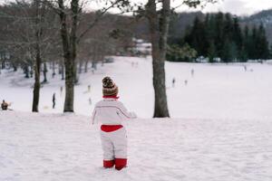 Little girl stands on a snow-covered hill and looks at the skating rink with lugers and skiers below. Back view photo