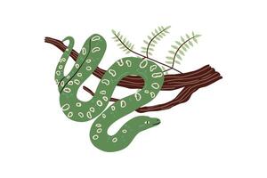 hand drawn snake on a branch in flat style. jungle, wild nature. vector illustration for design.