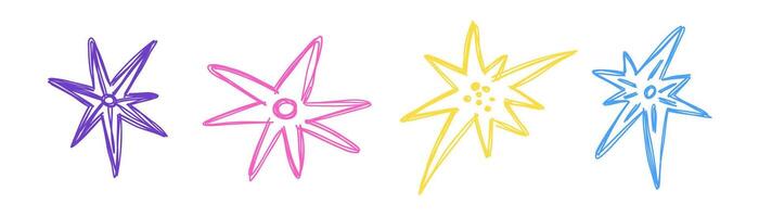 Set of doodle stars with texture drawn by hand. Vector simple illustration.