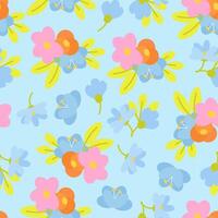 Spring seamless pattern of colorful flowers on a blue background vector