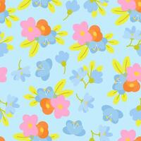 Spring seamless pattern of colorful flowers on a blue background vector