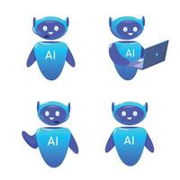 Cute set of vector levitating AI robot in flat cartoon style. chatbot characters vector illustration. Robot with laptop