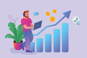 A man with a laptop analyzes growth charts. Increase business sales. Stock market concept in flat design, success in investing and financial growth on graph. Vector illustration in flat style