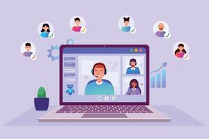 Illustration of a collective virtual team call or group video conference with clients and colleagues. Meeting. Call center working with clients. AI helps with work vector