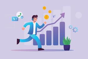 Increase business sales. Stock market concept in flat design for web person achieving success in investing and financial growth on graph. Vector illustration for social media marketing materials. Guy