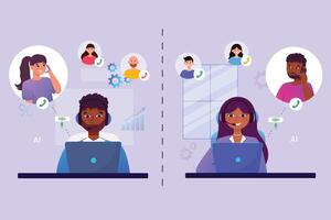 Parallel dialing. Call center. A girl and a man wearing headphones sit at a table and work as an operator, communicate, answer calls in a call center. Remote work illustration concept, customer servic vector