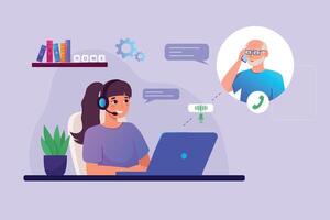 Home work concept. A girl wearing headphones sits at a table and works as an operator, communicates with an elderly man, answers messages in a call center. vector