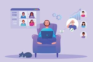 Remote work concept a guy in headphones sits on a chair with a laptop and communicates with clients, a cat sleeps next to him. Customer service flat illustration vector