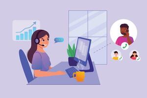 Home work concept. A girl wearing headphones sits at a table and works as an operator, communicating with people by answering calls in a call center. vector