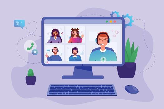 A laptop for a collective virtual team call or group video conference with clients and colleagues. Call center working with clients. vector