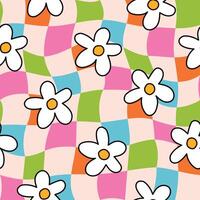 Summer Groovy Floral Pattern Retro Daisy Seamless Pattern Groovy Checkered Background vector