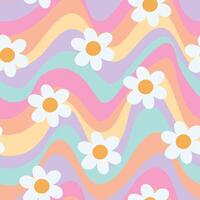 Retro Floral Pattern Groovy Daisy Background Hippie Floral Seamless Pattern Wavy Background vector