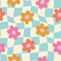 Retro checkered pattern Floral checkered background Groovy daisy pattern vector