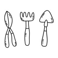 Gardening equipment set. Hoe, pruner, cultivator. Vector doodle